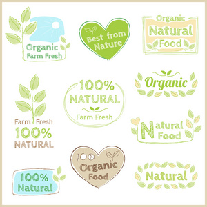 一套有机非化学质量和公平贸易保证标签标签标志贴纸植物水果和蔬菜