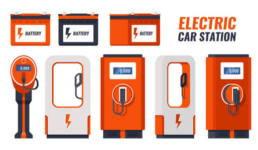 集汽车电瓶电动车充电站各种设计矢量3d 插图