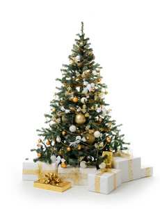 装饰黄金圣诞树与金色拼接装饰人造球和礼物的新年