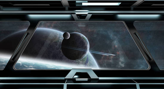 在遥远的行星系统 3d 渲染视图与飞船走廊