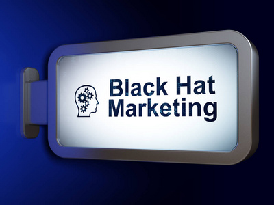 经营理念 黑色帽子营销和头与齿轮在广告牌背景