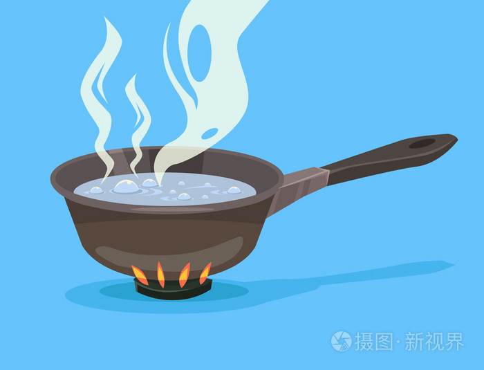 在锅中煮沸的水.矢量平面卡通插画