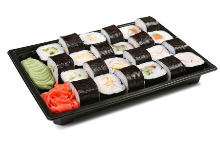 寿司套的孤立的白色背景上的不同卷
