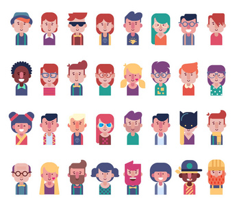 卡通人物被白人孤立.男性和女性角色不同的年龄和国籍.