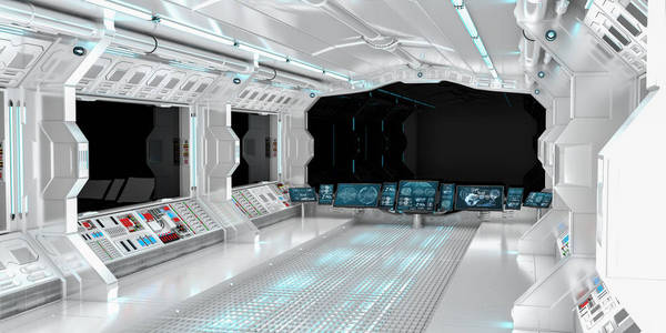 宇宙飞船的内部与黑色窗口 3d 效果图渲染视图