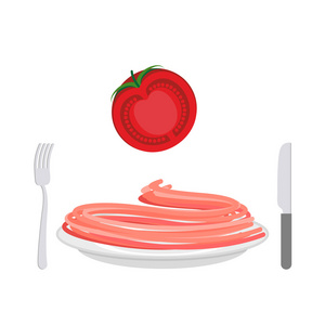 带有番茄成分的红色意大利面。 盘子里的意大利面。 矢量