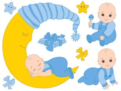 矢量集可爱的男婴, 月亮和尿布