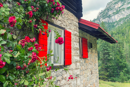 红色的木质窗户的山间小屋