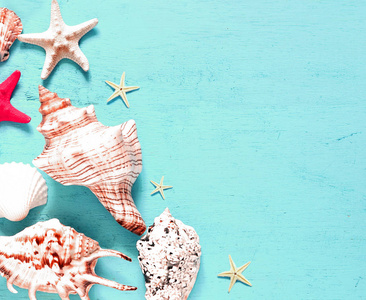 夏季海面背景贝壳，木制的蓝色背景上的明星