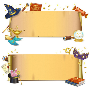 的魔术棒魔术帽背景魔术师的道具优雅魔术金黄背景与地方为文本的邀请