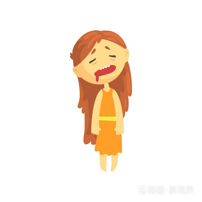 生病的女孩与长发, 不适青少年需要医疗帮助卡通人物矢量插图