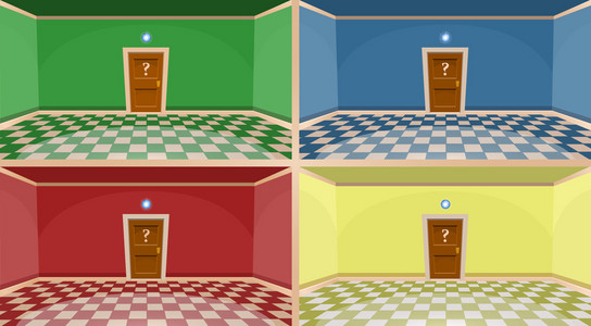秘密门4 个颜色卡通秘密的门的概念.与门的空房间.矢量图照片