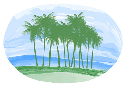 在海洋的插图，岛和棕榈树