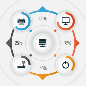 数字图标设置。集印刷机电源路由器等元素于一身。还包括诸如屏幕按钮服务器等符号