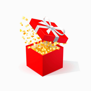 带金色五彩纸屑的红色礼品盒。打开红色框与白色弓。圣诞背景