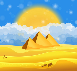 卡通埃及金字塔在沙漠中与蓝色多云的天空.矢量图照片