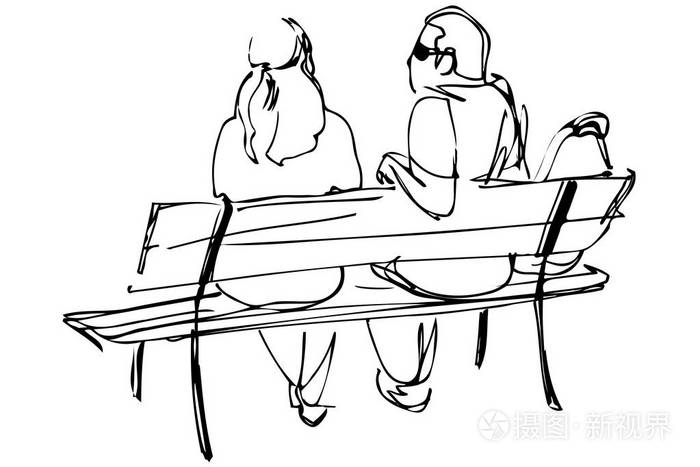 一对年轻夫妇坐在长椅上的素描插画-正版商用图片0ej22s-摄图新视界