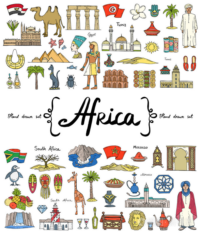 以非洲为主题的手绘彩色涂鸦矢量集