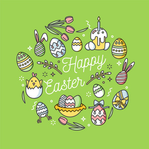 复活节彩蛋组成。白色背景上的彩色线性图标。装饰圈与观赏蛋。复活节快乐贺卡