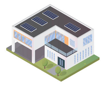 现代豪华等距绿色环保房子与太阳能电池板图