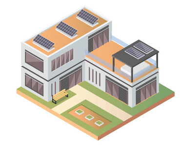 现代豪华等距绿色环保房子与太阳能电池板图