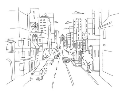 城市街道线形透视草图路视图.汽车结束大厦.手绘矢量股票线图照片