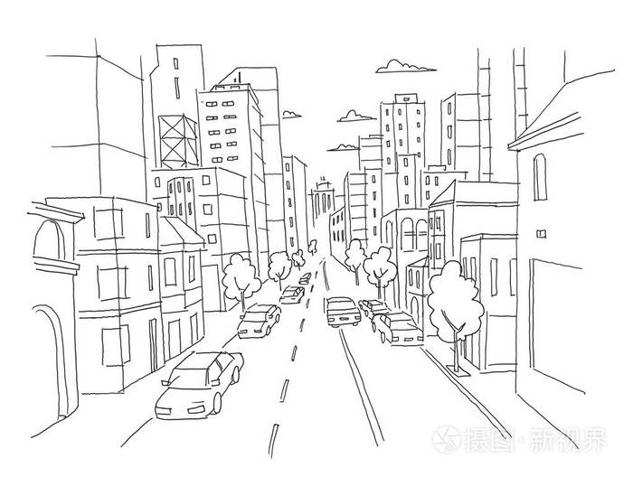 城市街道线形透视草图路视图汽车结束大厦手绘矢量股票线图