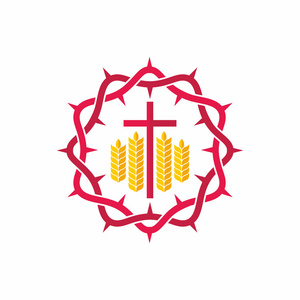 教会的标志.基督教的象征.荆棘冠冕,十字架,小麦照片