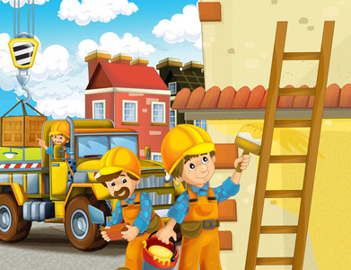 建筑地盘工人卡通场景-建设者做不同的事情-儿童插图照片