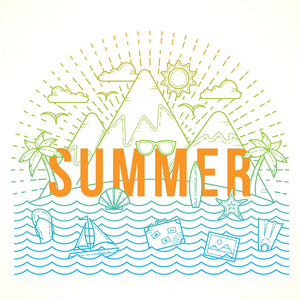线条样式平面向量颜色夏天插图与马恩岛 海洋 山脉 在 壳 游艇和旅行图标