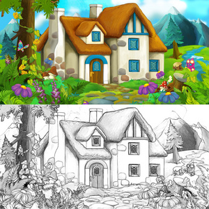 卡通场景的农家院与着色页照片