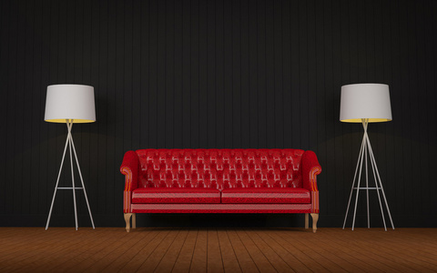 红色的老式沙发上房间 3d 渲染