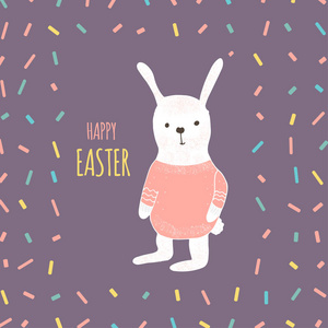 复活节横幅背景, 模板与可爱的兔子, 兔子和文字, 手绘插图。现代明信片或节日请柬