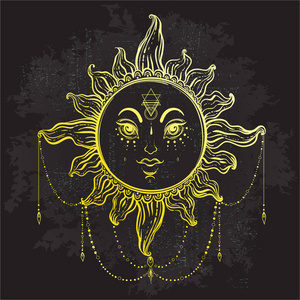 满后背纹身图案美丽浪漫的复古金色太阳的象征.孤立的矢量插图.