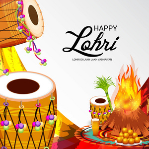 矢量插图在快乐 Lohri 背景与旁遮普语的消息 Lohri 卢比卢比 vadhaiyan 意为 Lohri 的快乐祝愿