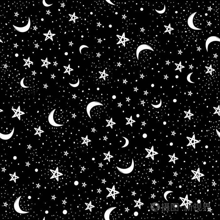 夜空中有星星和月亮的无缝涂鸦图案.波西米亚样式插图.