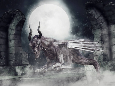 夜场面与僵尸龙坐在城墙之间的城堡废墟.3d 渲染照片