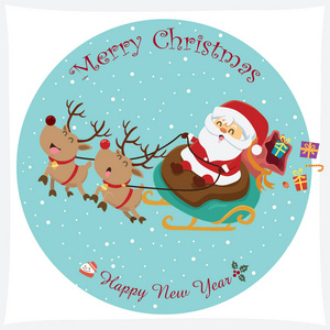 复古圣诞海报设计与矢量圣诞老人, 驯鹿, 雪人人物