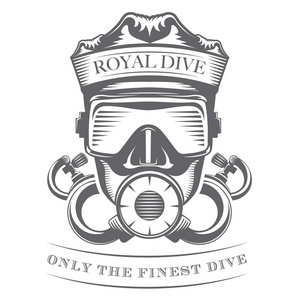 徽标 royal_scuba_diving 王的面具和潜水的潜水员照片