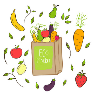 手绘购物篮与刻字生态市场的绿色食品, 水果, 蔬菜。布料, 棉布帆布。餐馆酒吧菜单商店杂货店的矢量插图