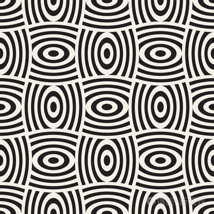 带曲线形状网格的矢量几何无缝图案.抽象单色圆形点阵纹理.