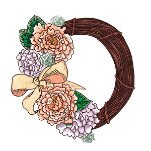 小环牡丹的花。手工绘制的老式花花环。矢量