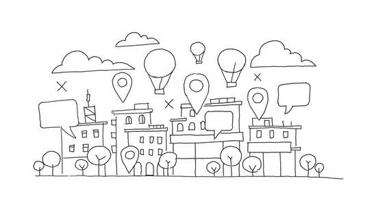 城市全景剪影.天空中的气球, 地理标志和气泡.信息手绘矢量股票插图.