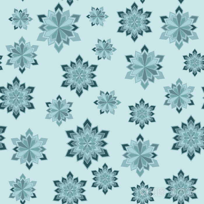 抽象冬季无缝模式。不同大小的雪花在淡蓝色背景