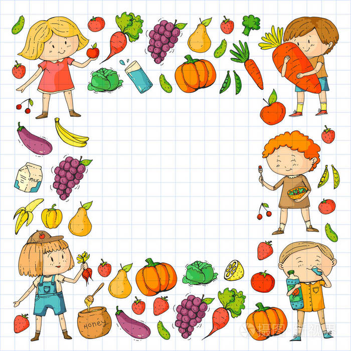 男孩和女孩吃健康的食物和零食.矢量涂鸦幼儿图案与卡通儿童画