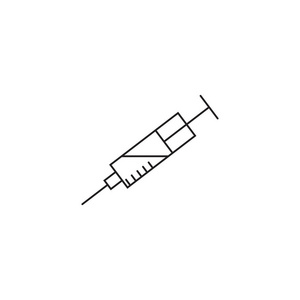 疫苗符号。注射器线图标, 轮廓矢量标志说明