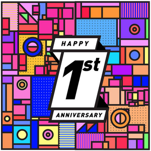 一年的贺卡周年, 五颜六色的数字和框架。带有孟菲斯风格封面和设计模板的徽标和图标