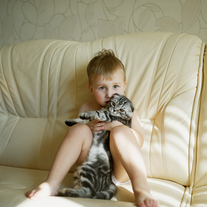 有趣的小男孩抱着猫