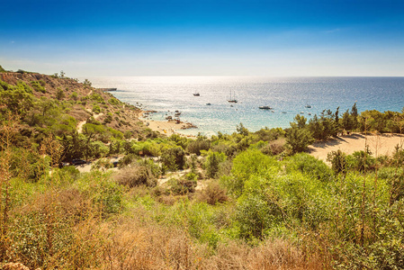 塞浦路斯 Protaras，Konnos 海滩，从上面的环礁湖地中海海景