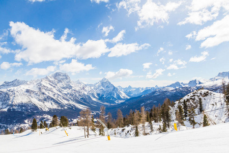 宽滑雪跟踪与美丽强大山脉视图的背景